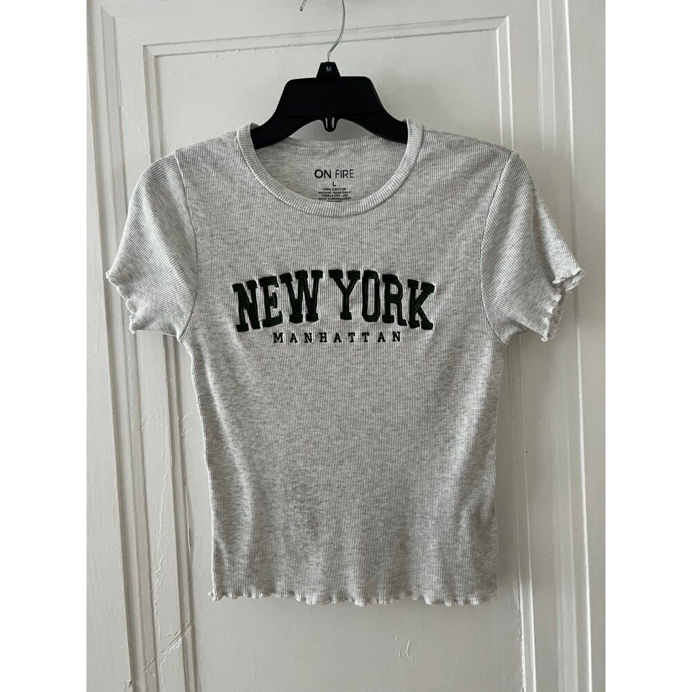 New York Manhattan 100% cotton tee t shirt light grey size L fitted stretchy